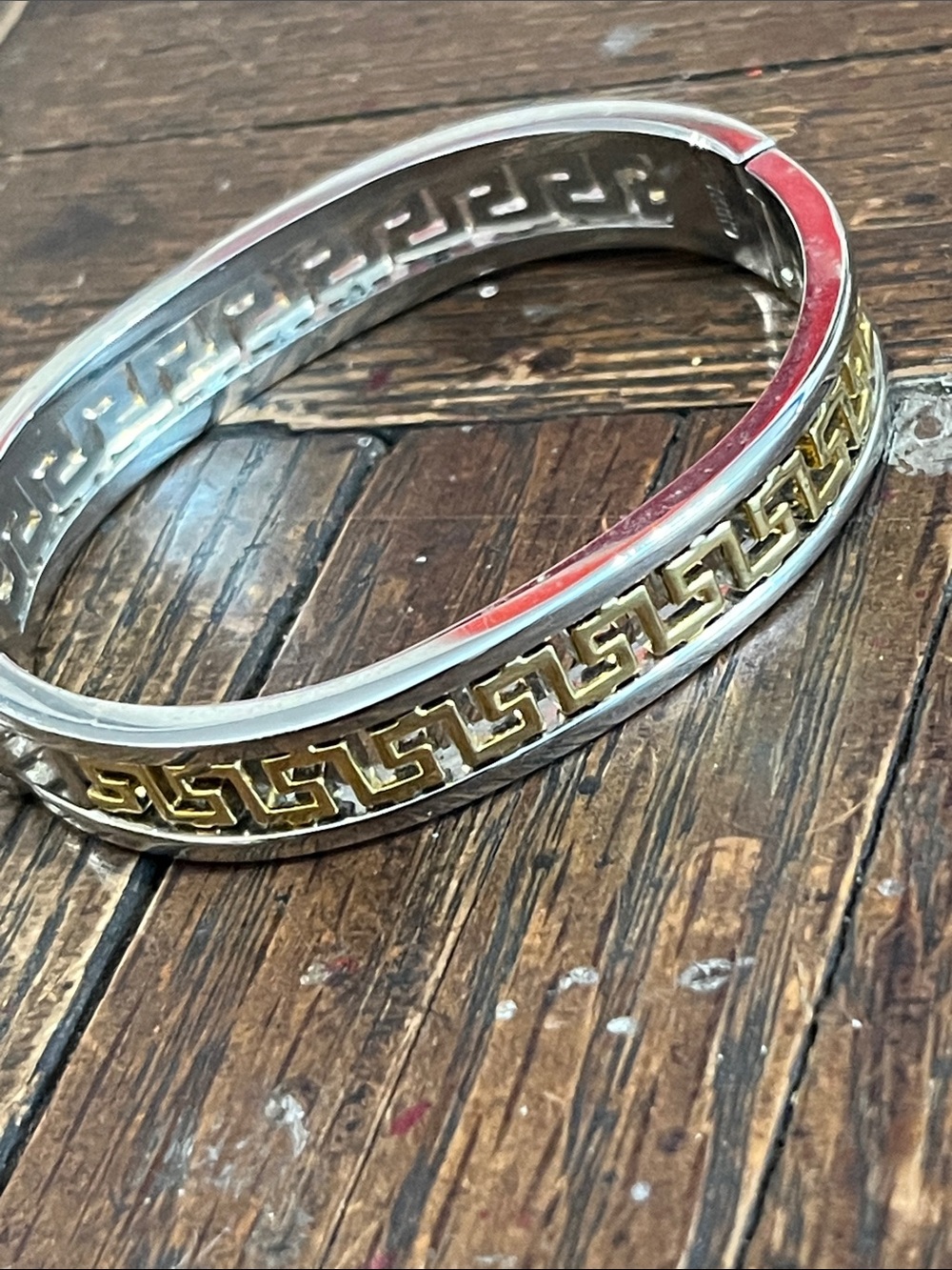 Two-Tone Greek Bangle Bracelet - Silver & Goldtone